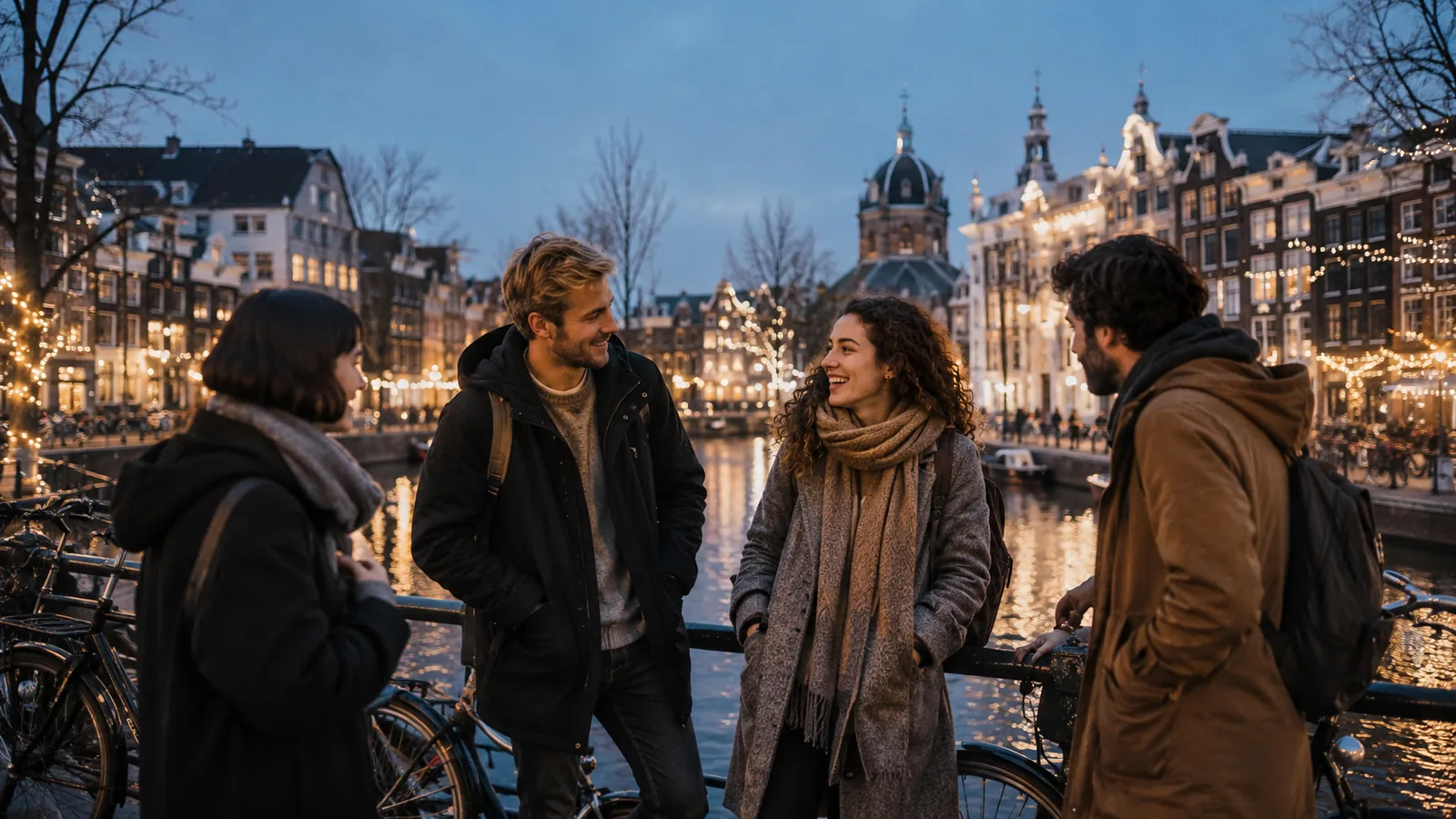 Canal de Ámsterdam con casas históricas reflejadas en el agua