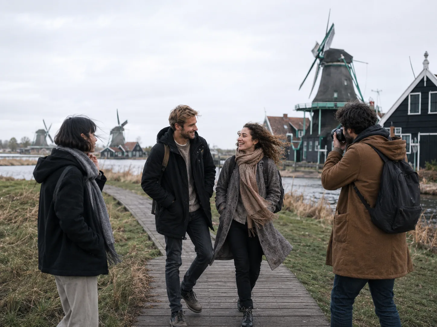 Molinos de viento tradicionales junto al agua en Zaanse Schans, cerca de Ámsterdam