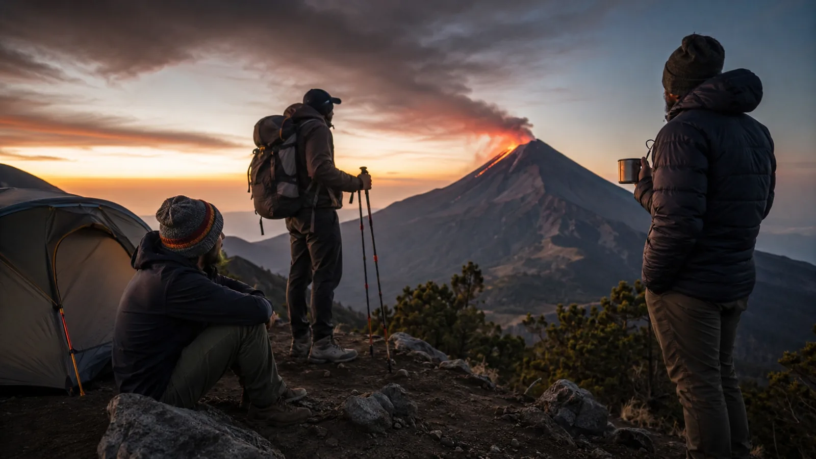 Viajeros ante el volcán de Fuego desde el Acatenango