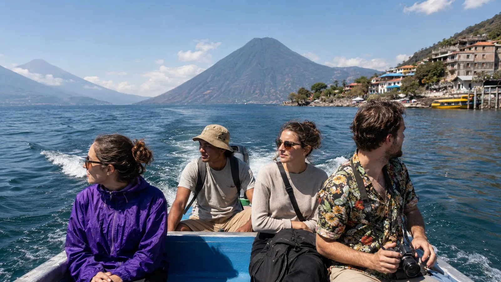 Grupo de Comboi Travel contemplando el lago Atitlán y sus volcanes al atardecer en Guatemala