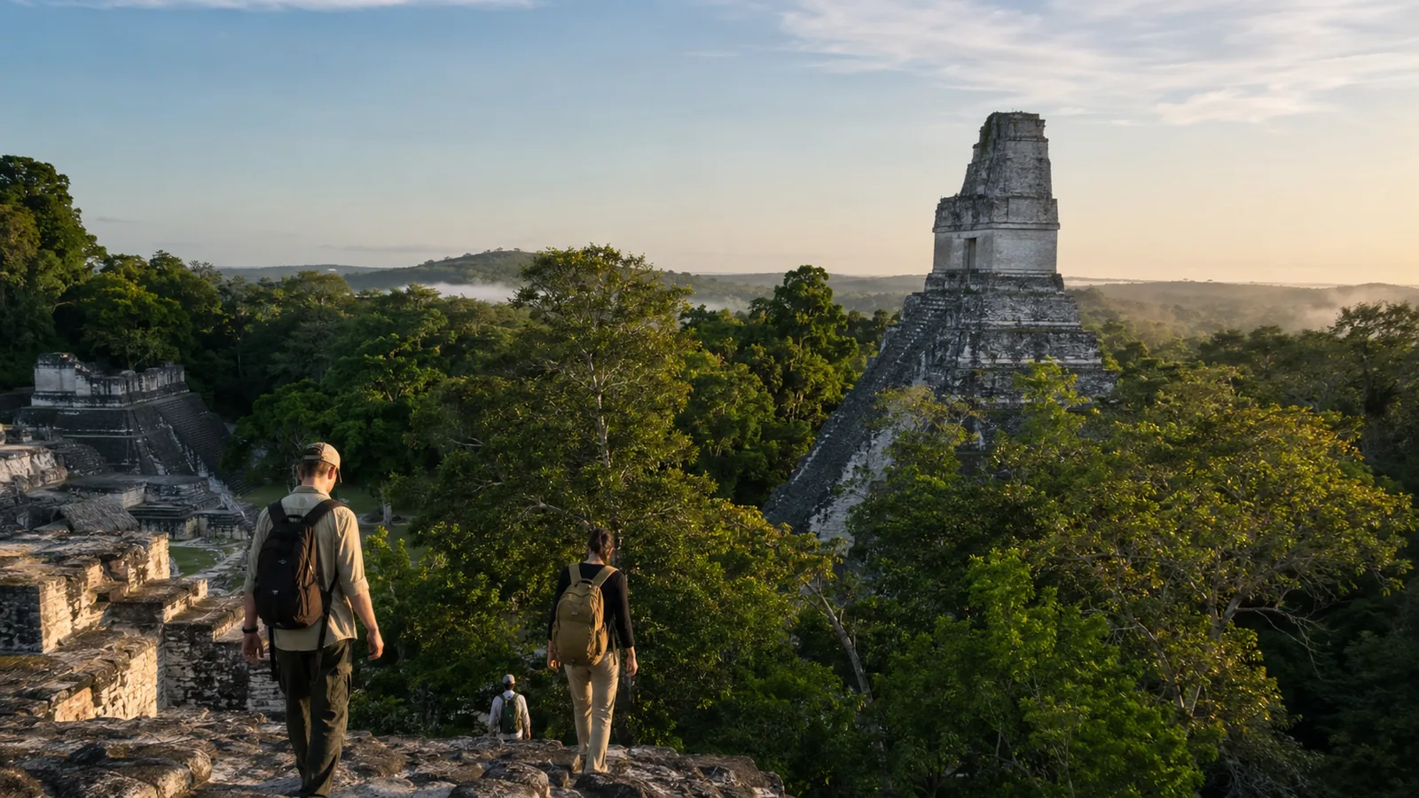 Templo de Tikal emergiendo sobre la selva al amanecer, en la extensión opcional de Guatemala
