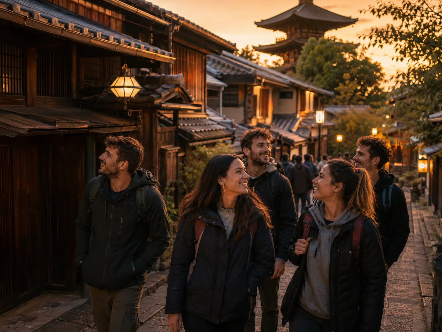 Grupo de Comboi Travel paseando por una calle tradicional de Kioto al atardecer