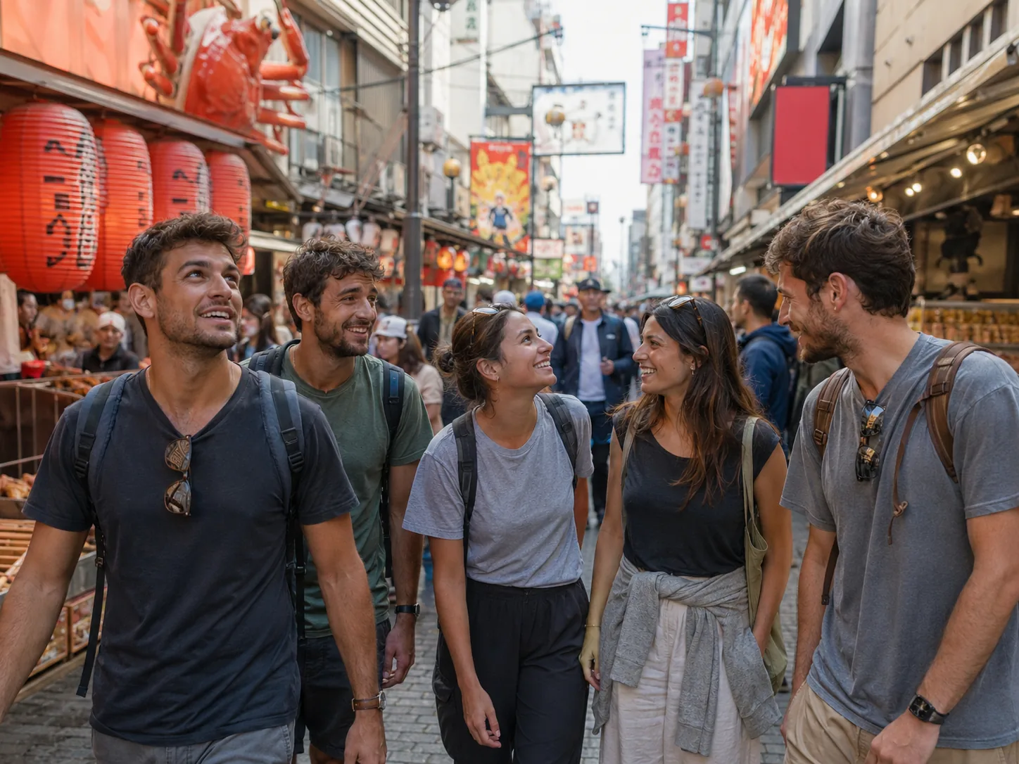 Calle tradicional de Osaka con farolillos rojos