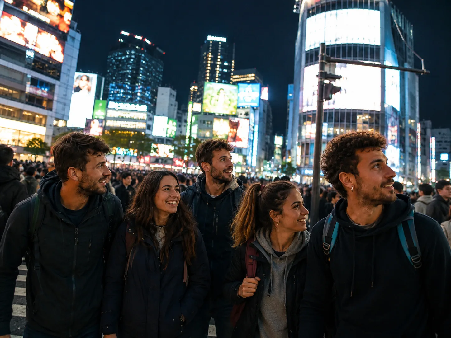 Grupo de Comboi Travel ante las luces de neón del cruce de Shibuya en Tokio de noche