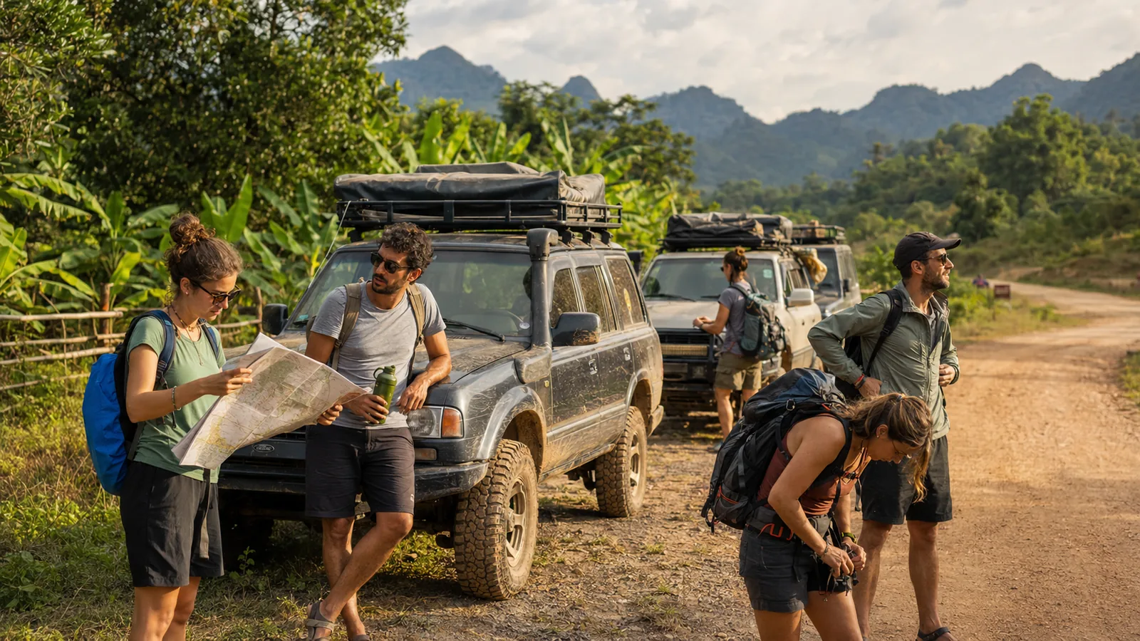 Caravana de todoterrenos de Comboi en una pista del sudeste asiático