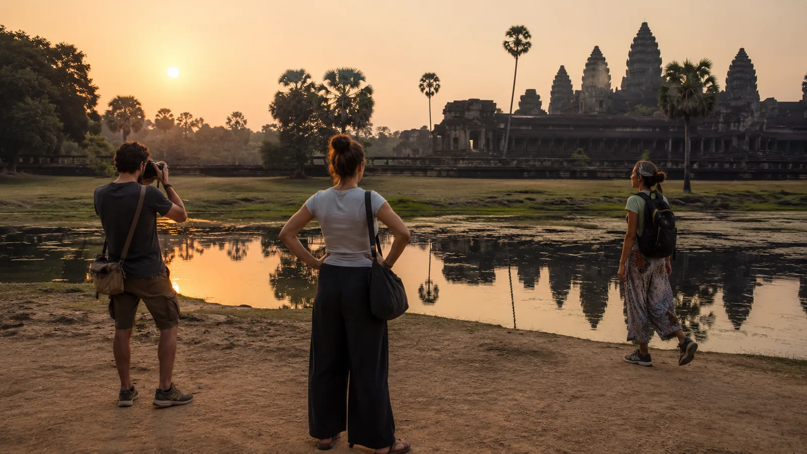 Templo de Angkor al amanecer entre la selva de Camboya, con sus torres reflejadas en el agua