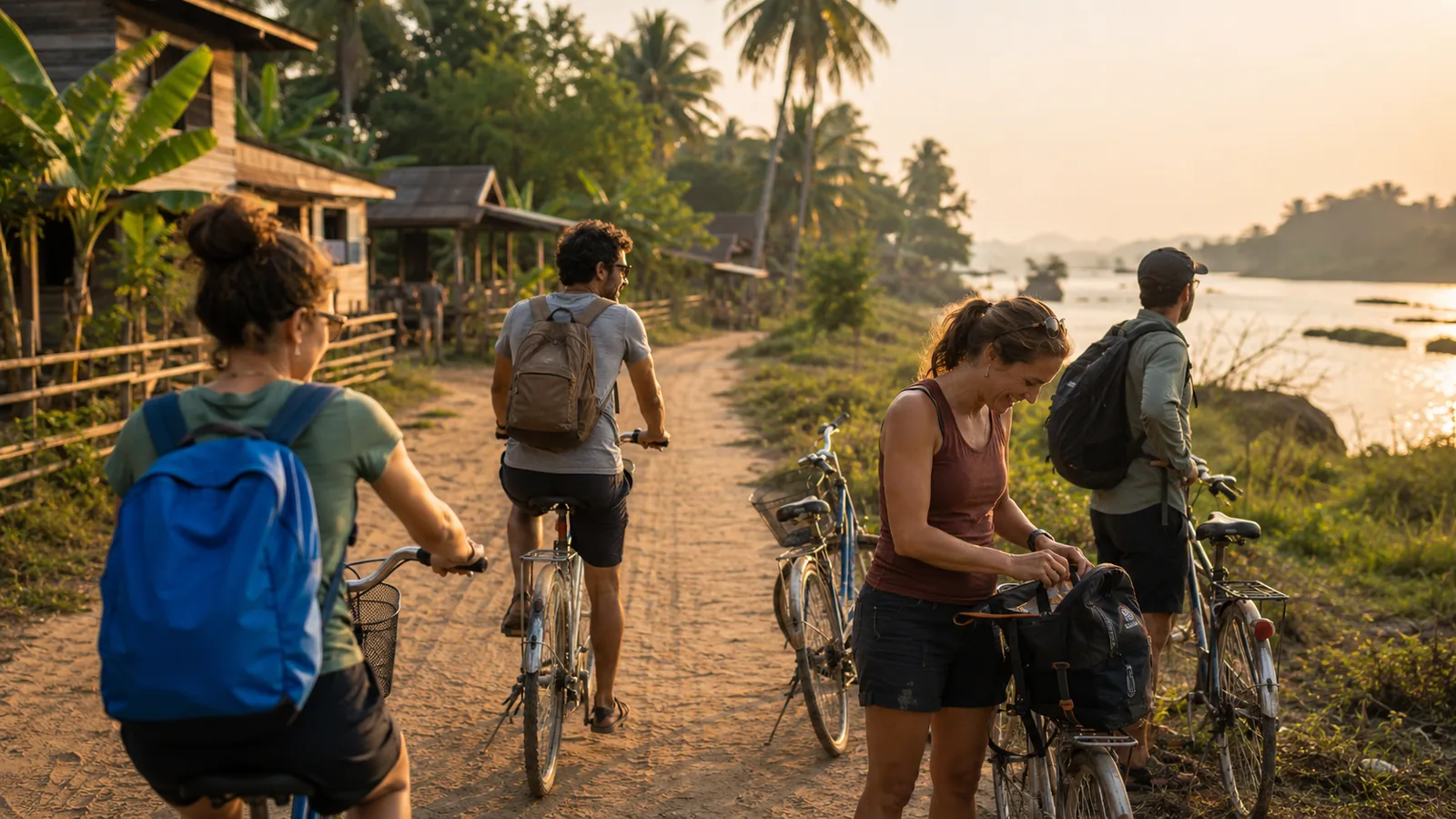 Barcas de madera junto a un embarcadero en las 4.000 Islas del río Mekong, en el sur de Laos