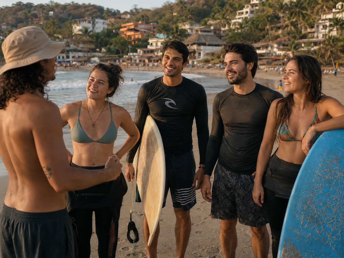 Viajero surfeando al atardecer en la playa de Sayulita, en el Pacífico mexicano