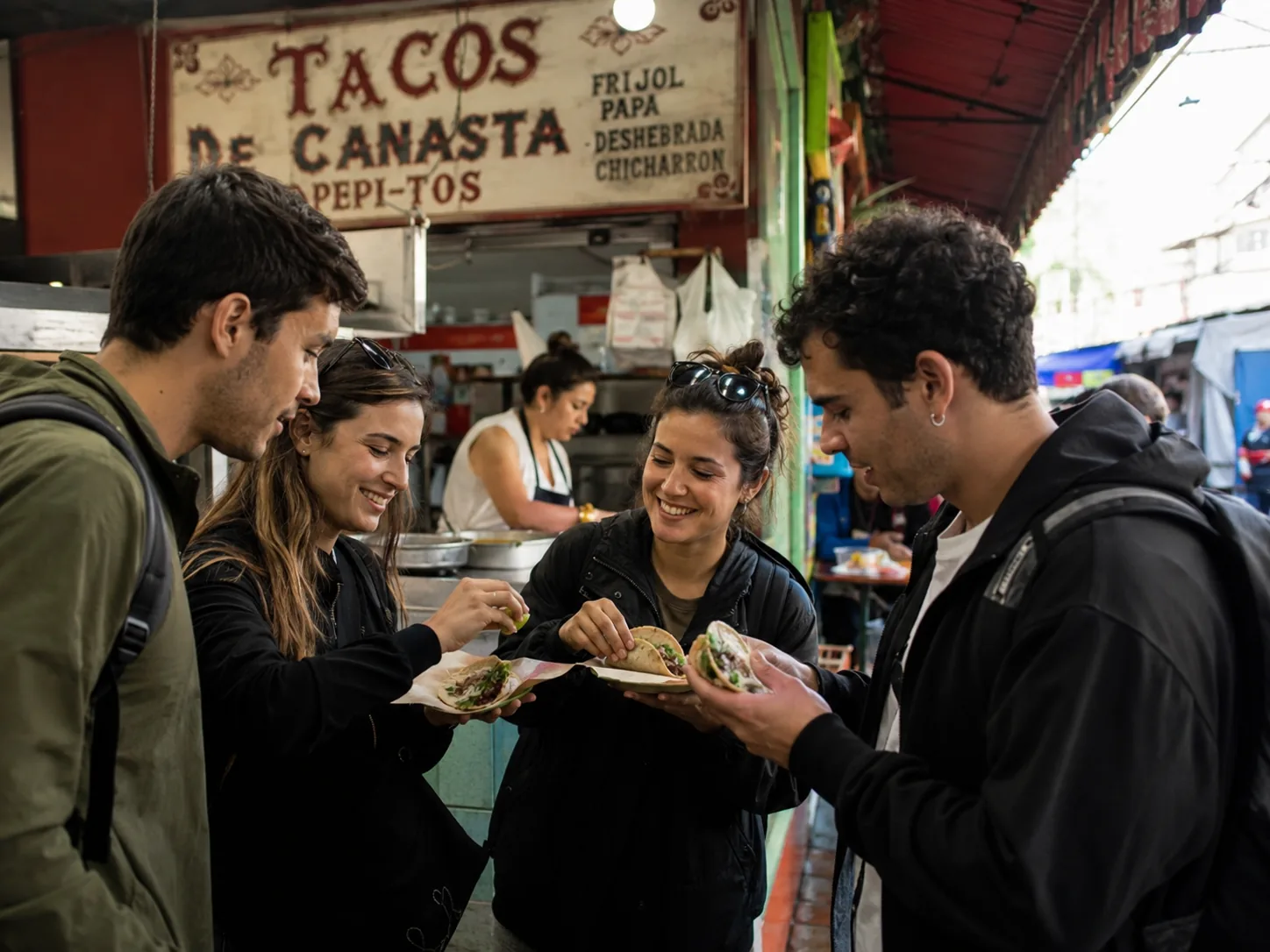 Grupo probando tacos en un mercado de Ciudad de México