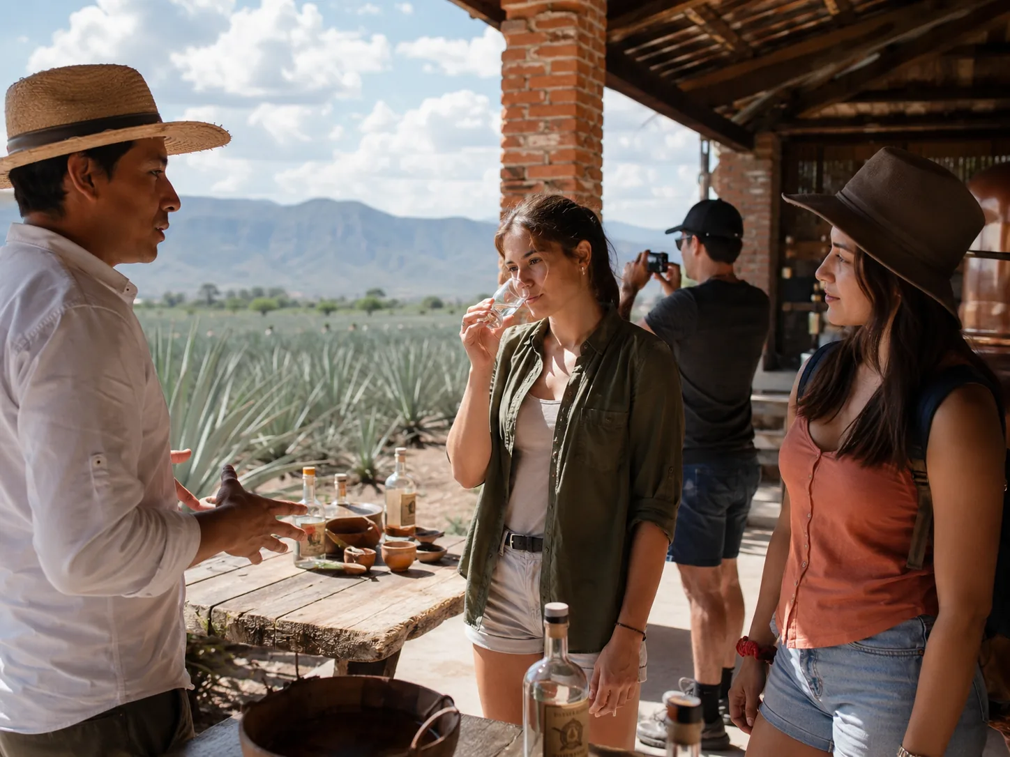 Cata de tequila en una destilería rodeada de campos de agave azul en Jalisco, México