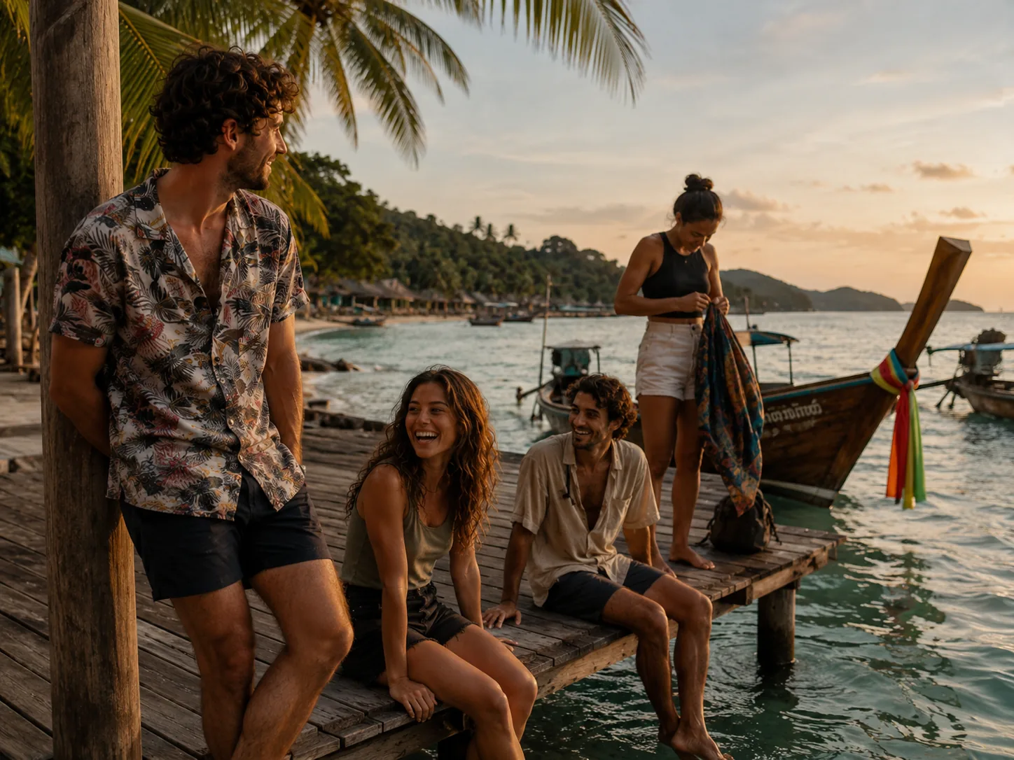 Grupo de viajeros de Comboi Travel al atardecer en un embarcadero de una isla de Tailandia